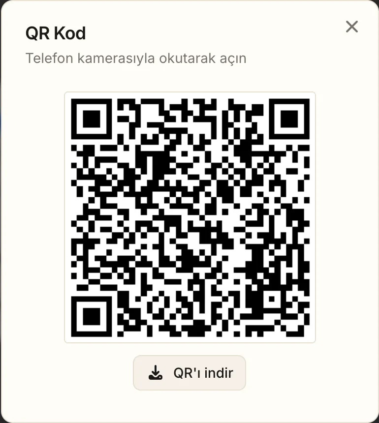 QR Kod penceresi: karekod ve QR'ı indir düğmesi