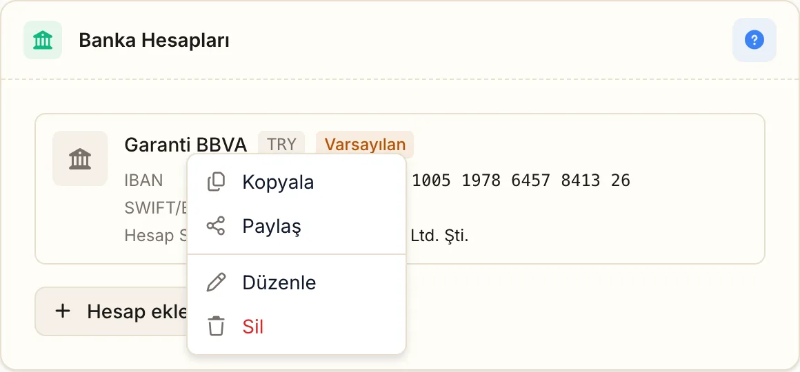 Banka hesabının üzerine gelince açılan menü: Kopyala, Paylaş, Düzenle, Sil