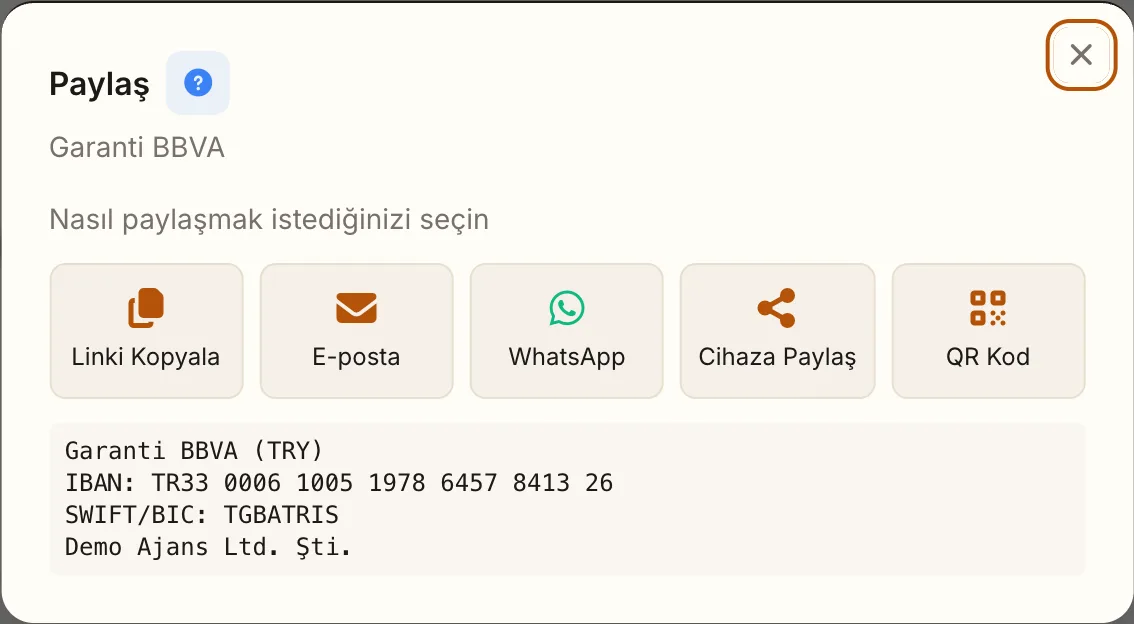 Banka hesabı paylaşım penceresi: IBAN bilgileri metin olarak