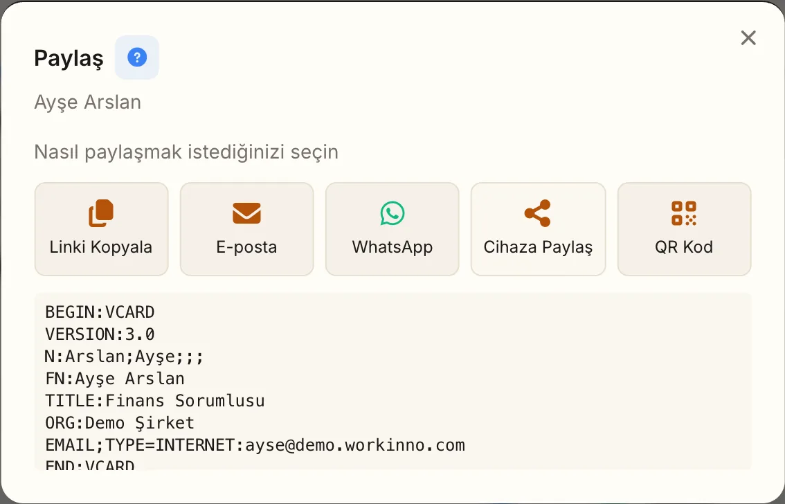 Kartvizit paylaşım penceresi: kişi kartı metni ve kanallar