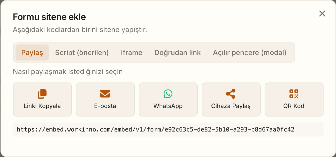 Formu sitene ekle penceresinin Paylaş sekmesi