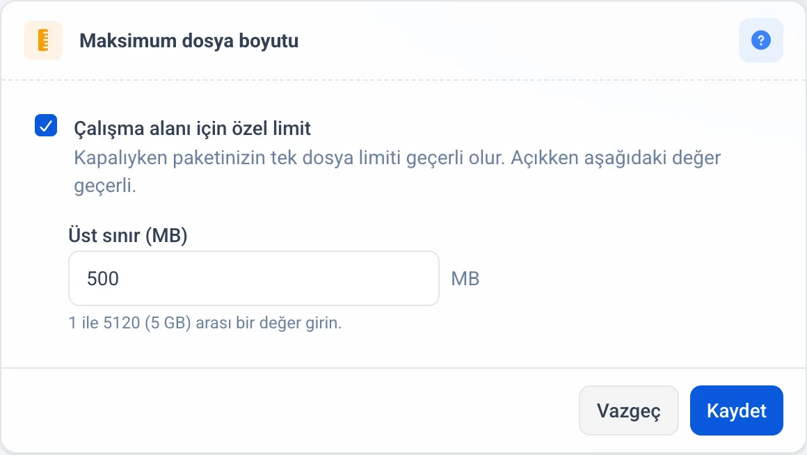 Maksimum dosya boyutu bölümü