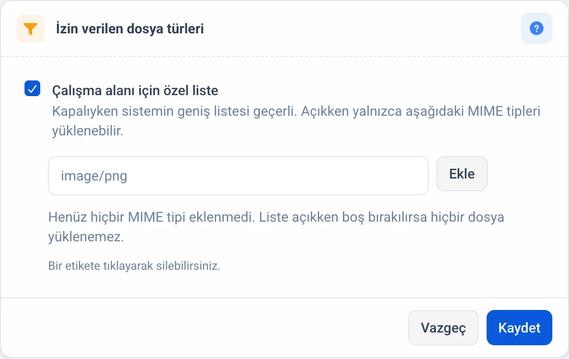 İzin verilen dosya türleri bölümü