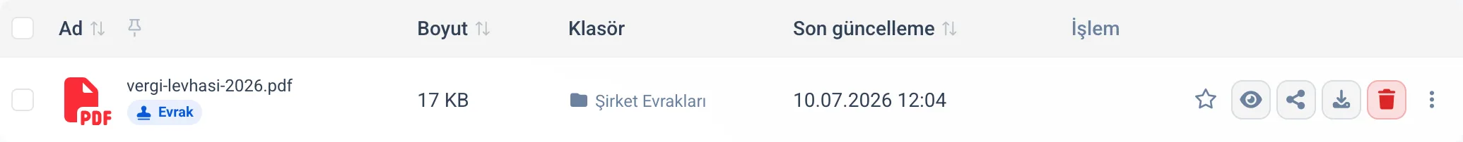 Evrak sütunlu liste