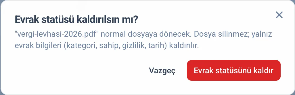 Evrak statüsünü kaldırma onayı