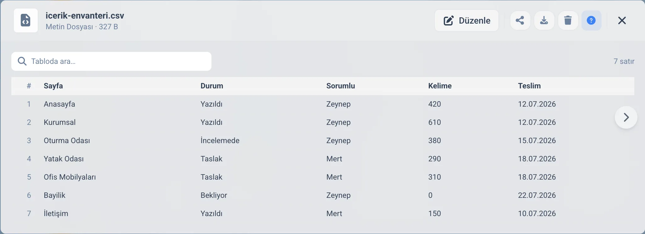 CSV tablo görünümü