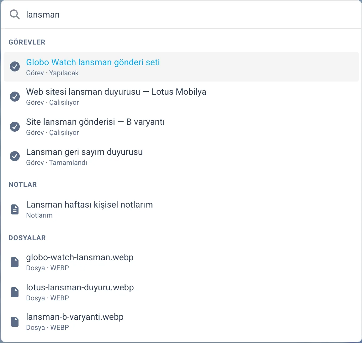 Komut paleti ve tipe göre gruplanmış sonuçlar