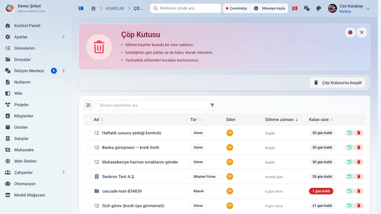 Çöp Kutusu sayfası ve silinen kayıt listesi