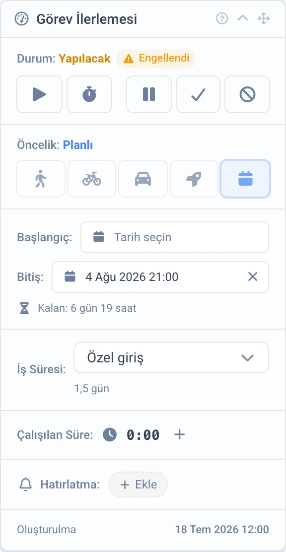 Görev İlerlemesi panelinde durum etiketinin yanındaki Engellendi rozeti
