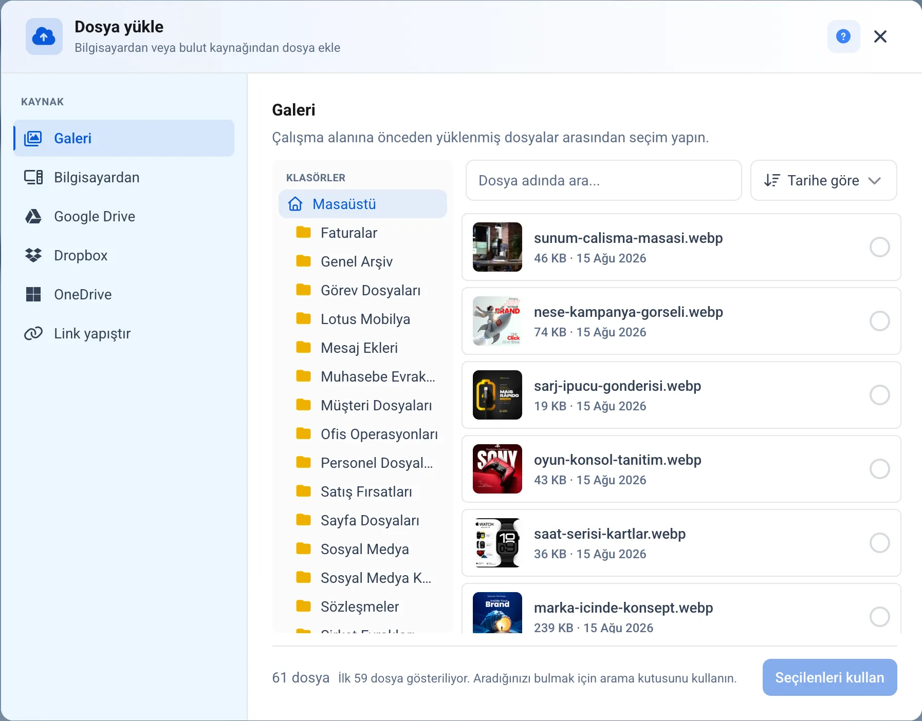 Göreve dosya ekleme penceresi