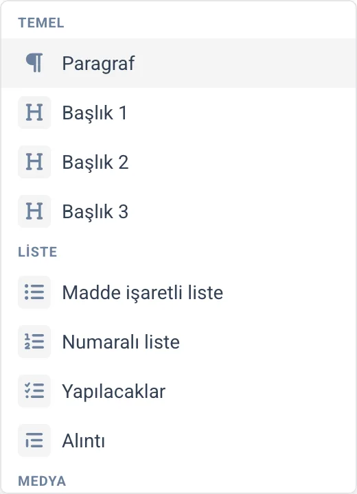 Blok ekleme menüsü