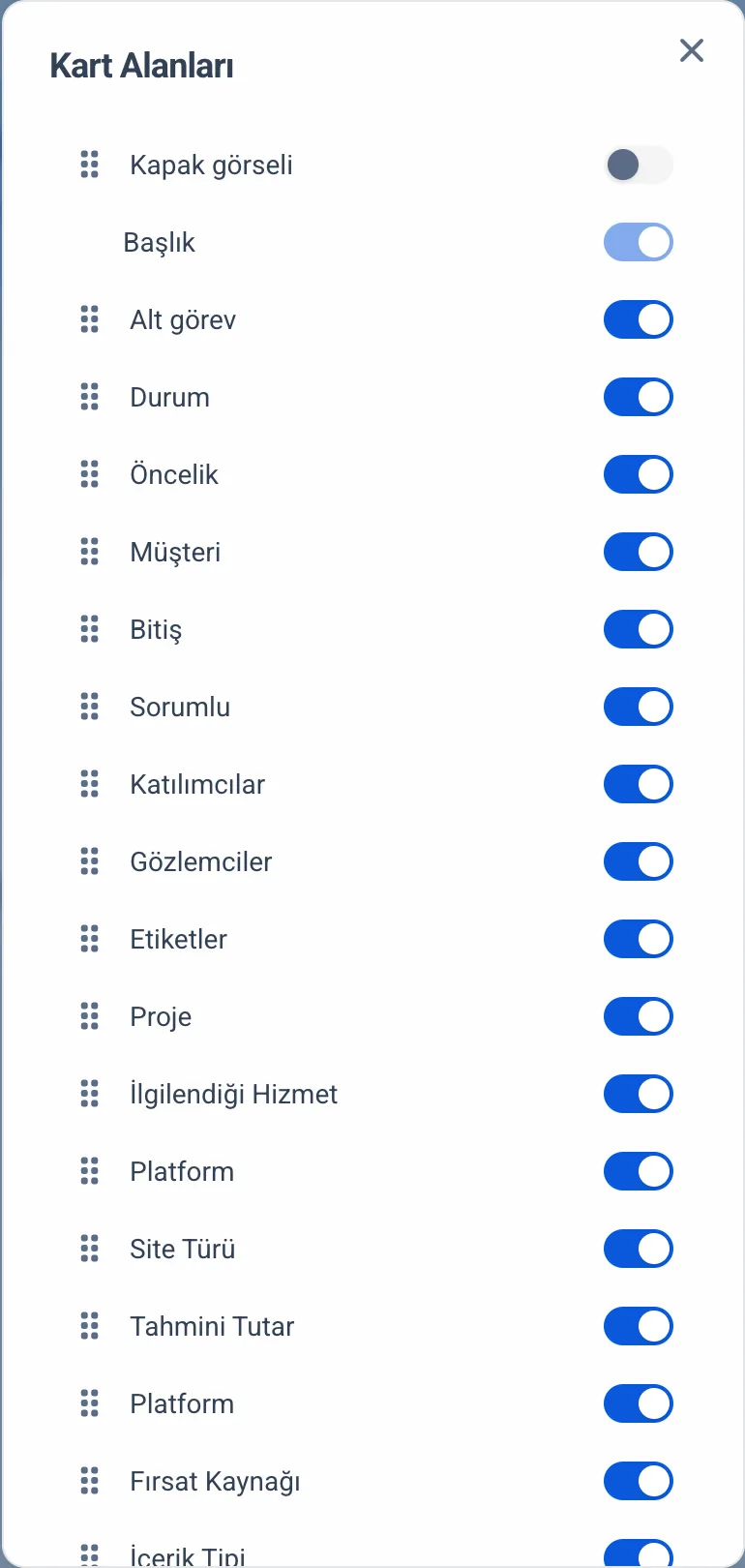 Pano kart alanları penceresi