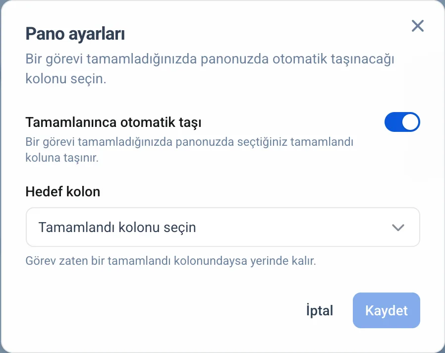 Kişisel pano ayarları penceresi