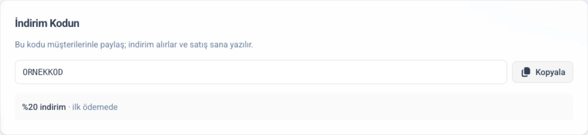 İndirim Kodun kartı: kod, Kopyala düğmesi ve indirim koşulları