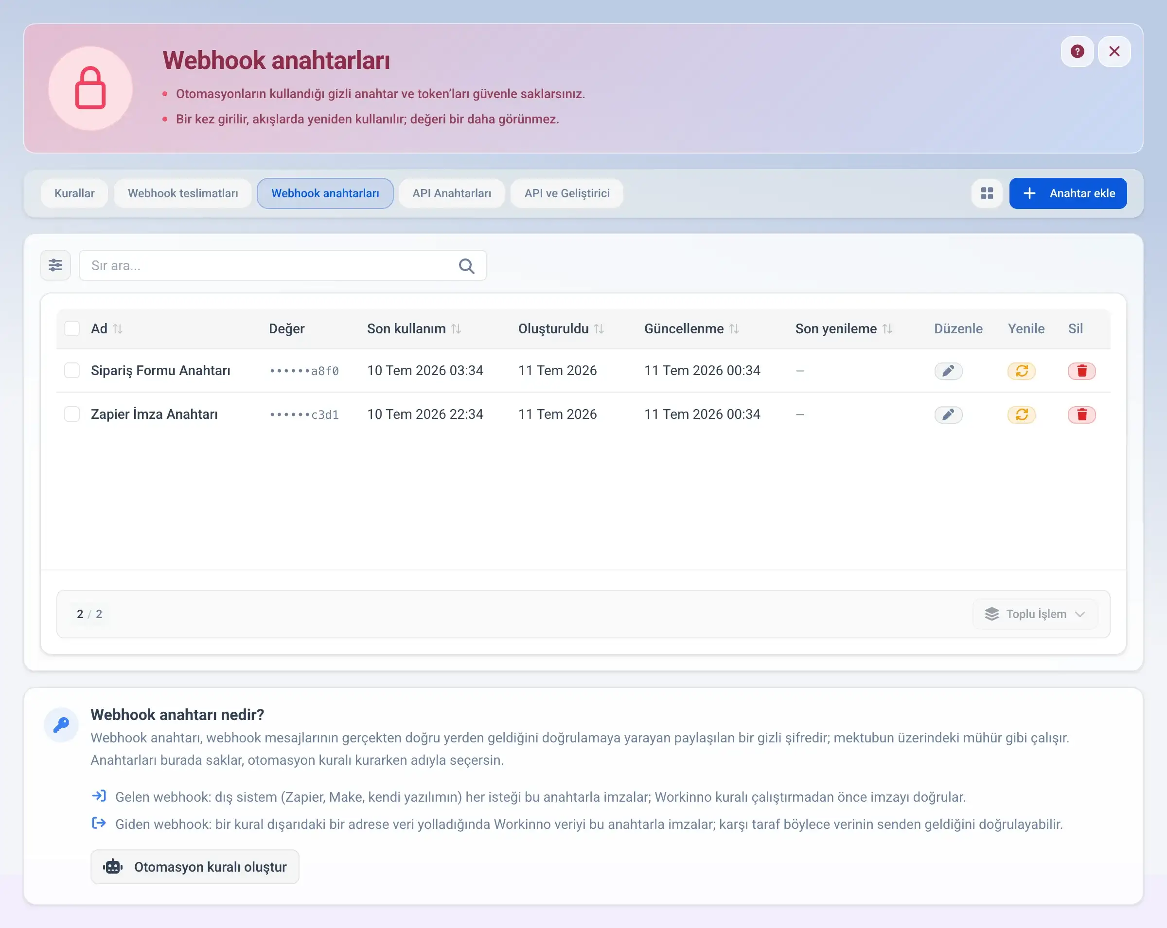 Webhook anahtarları kasası