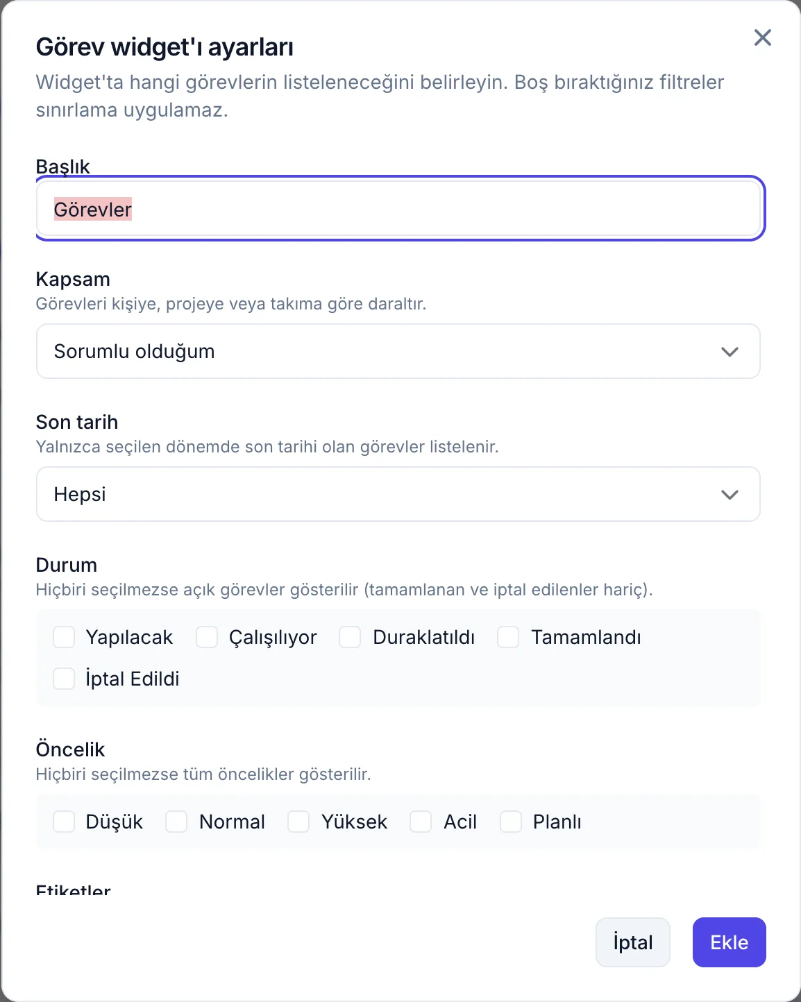 Görev widget'ının ayarları