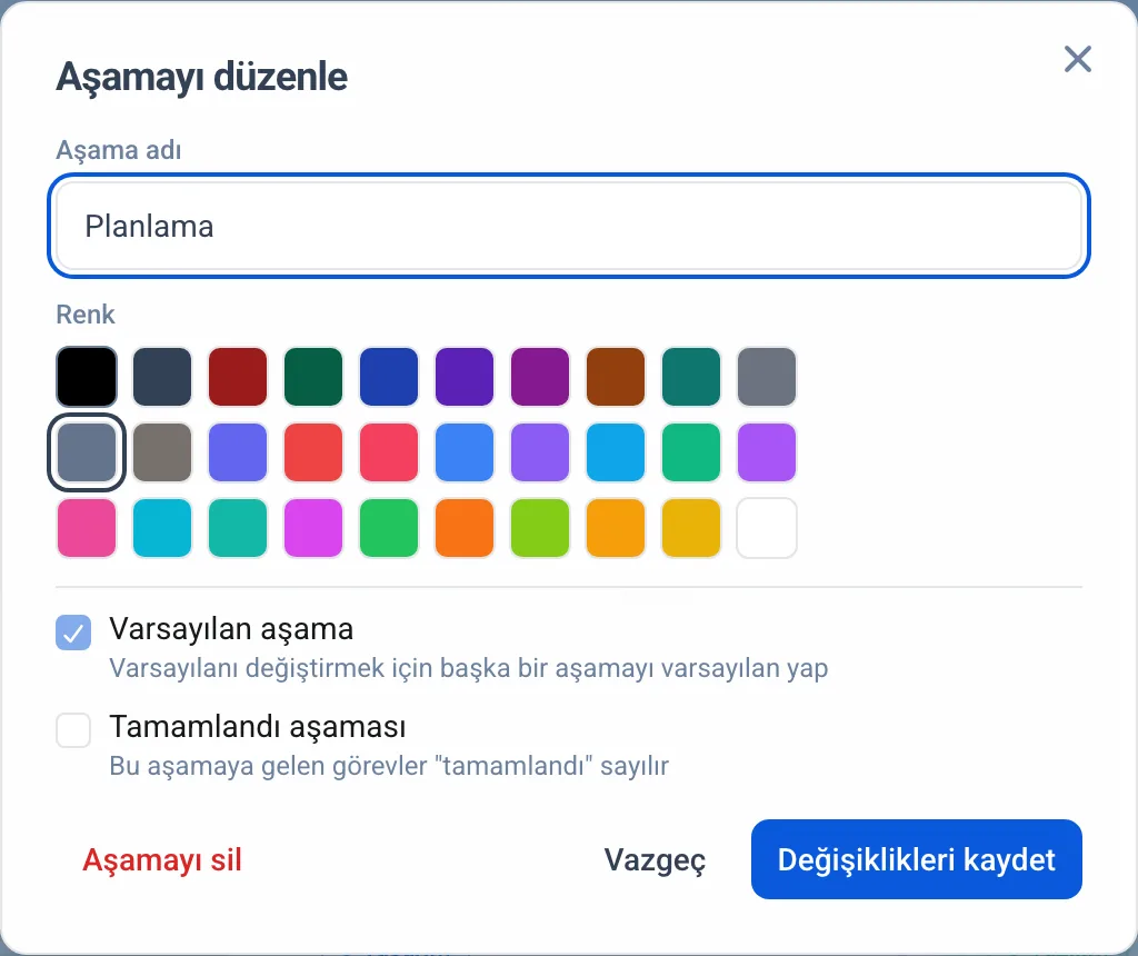 Aşama düzenleme penceresi