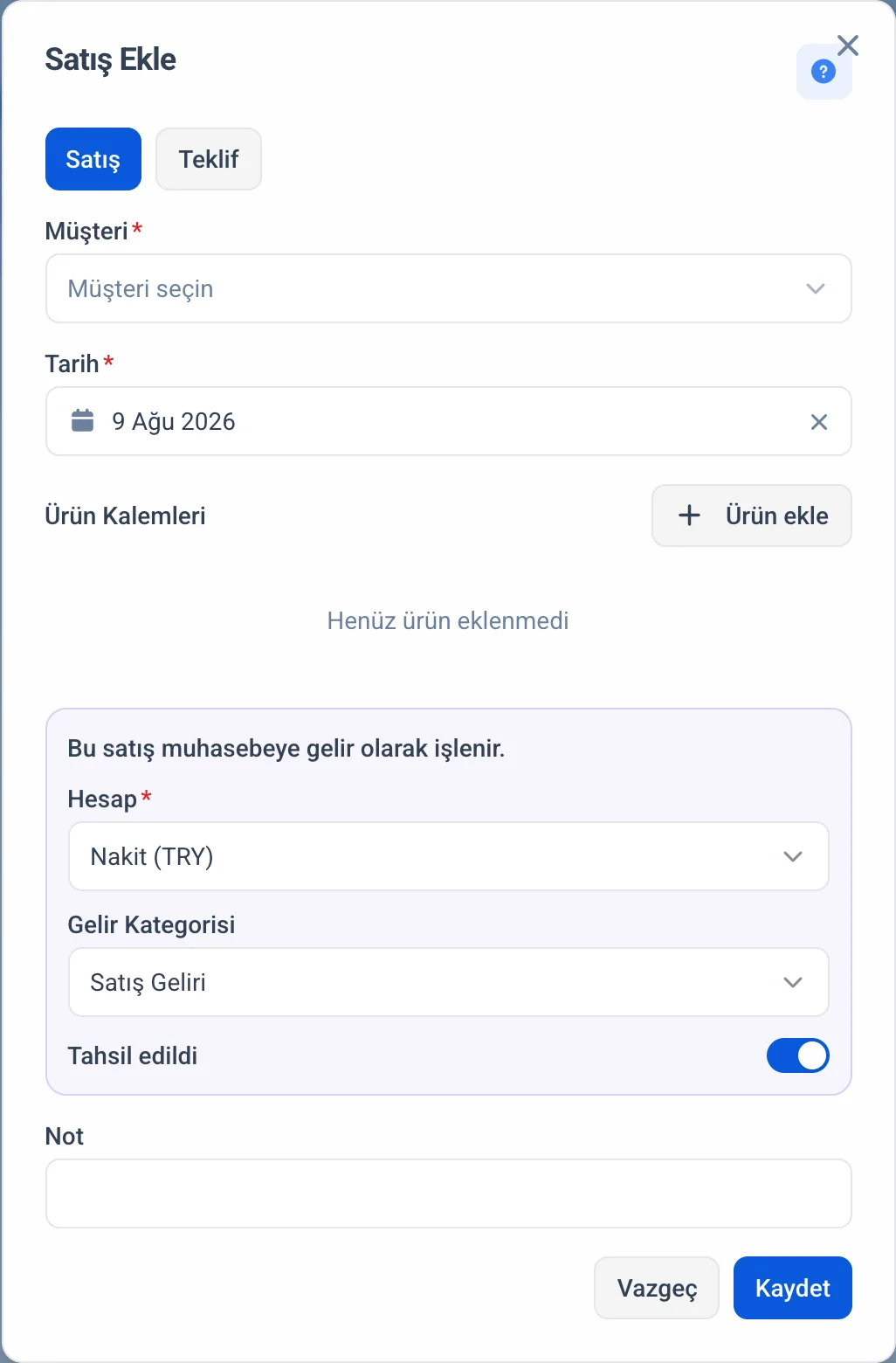 Yeni satış penceresi