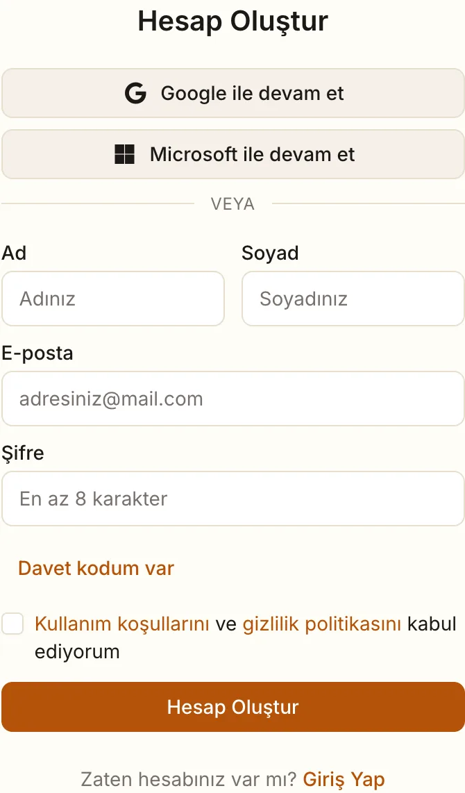 Hesap oluşturma ekranı