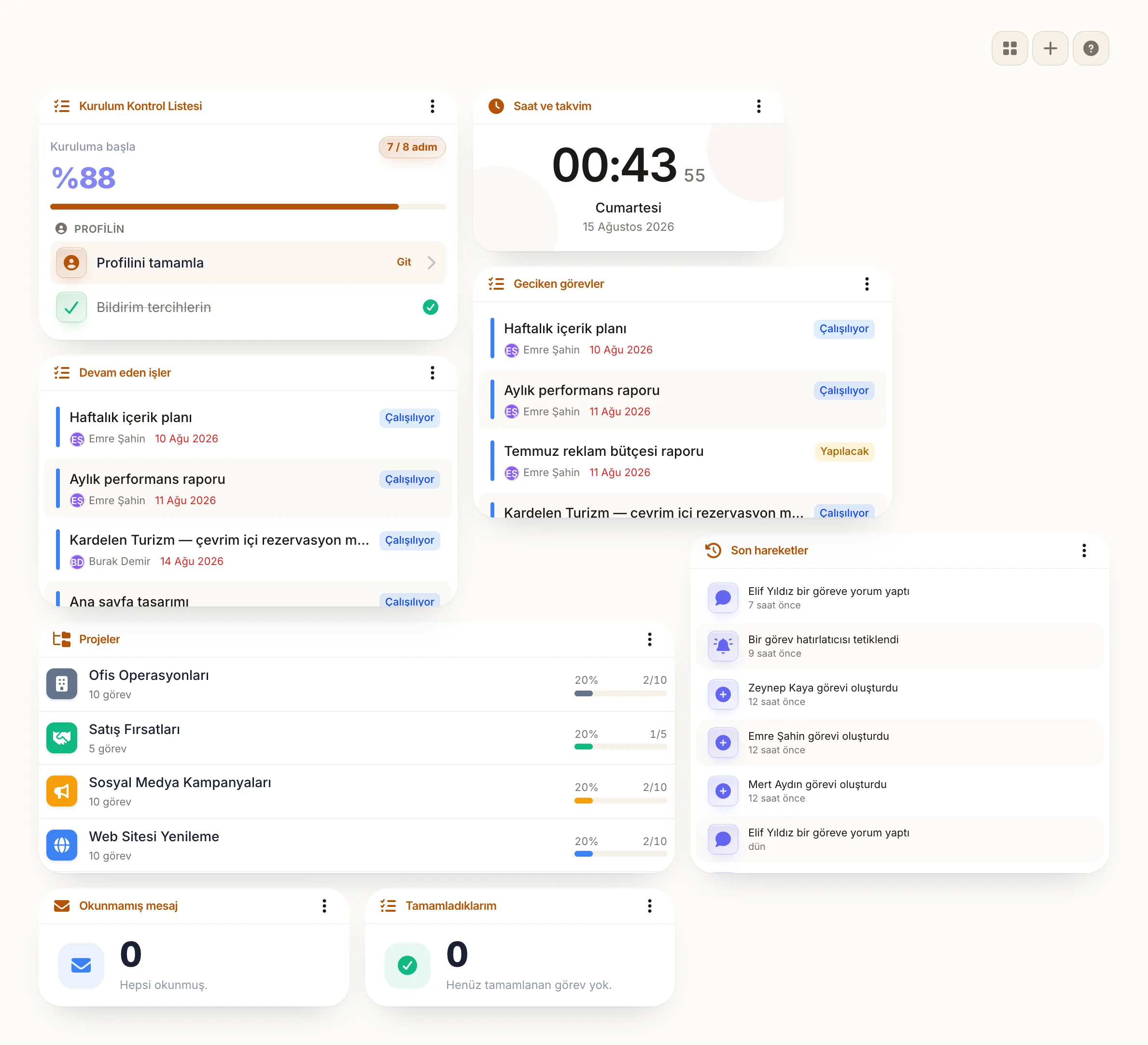 Widget'lardan kurulmuş bir pano