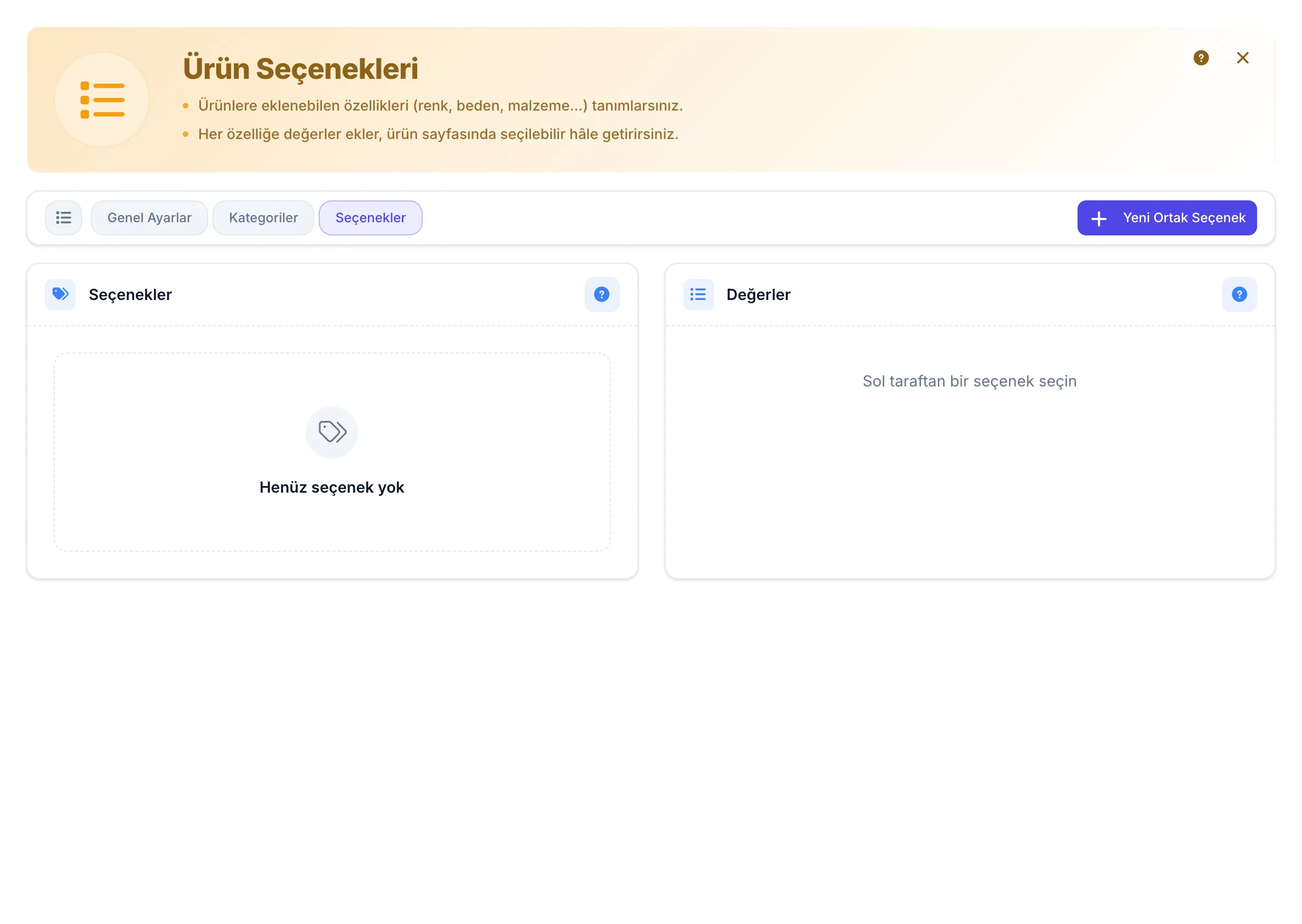 Ürün seçenekleri