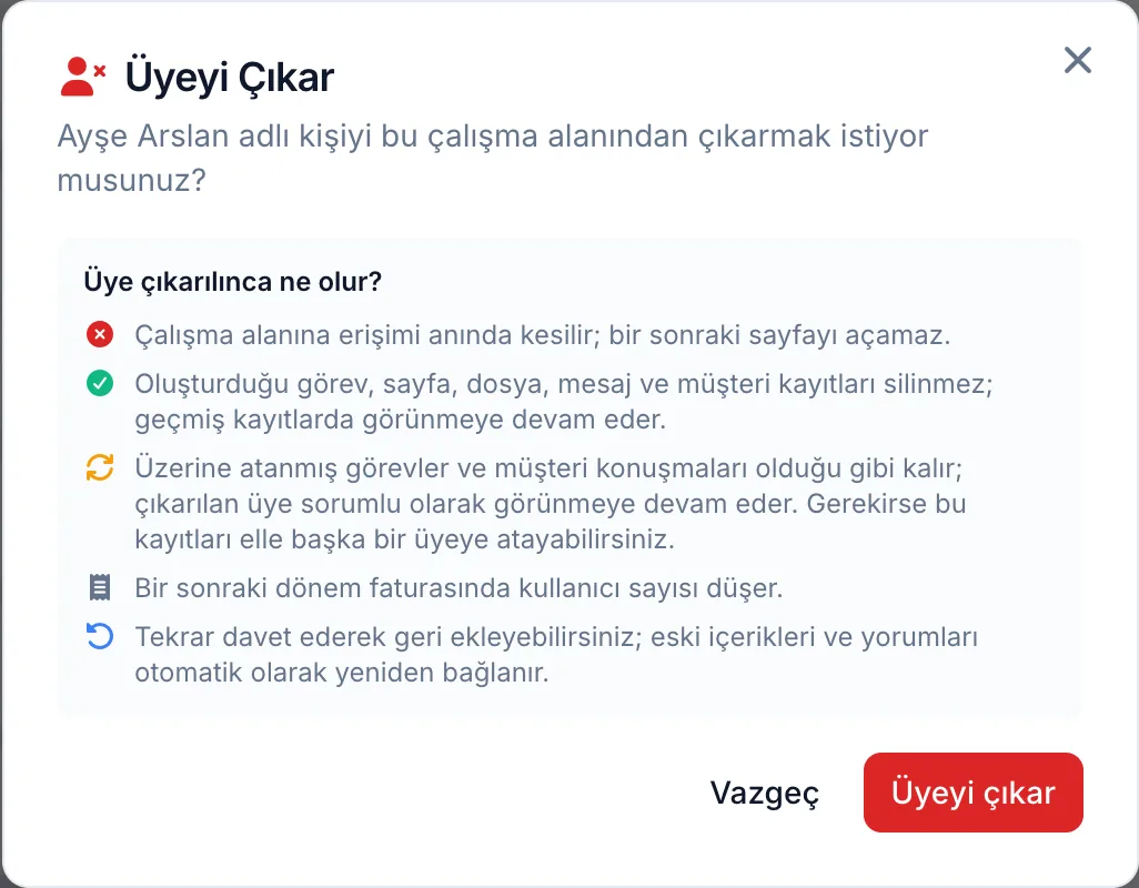 Üyeyi çıkarma penceresi
