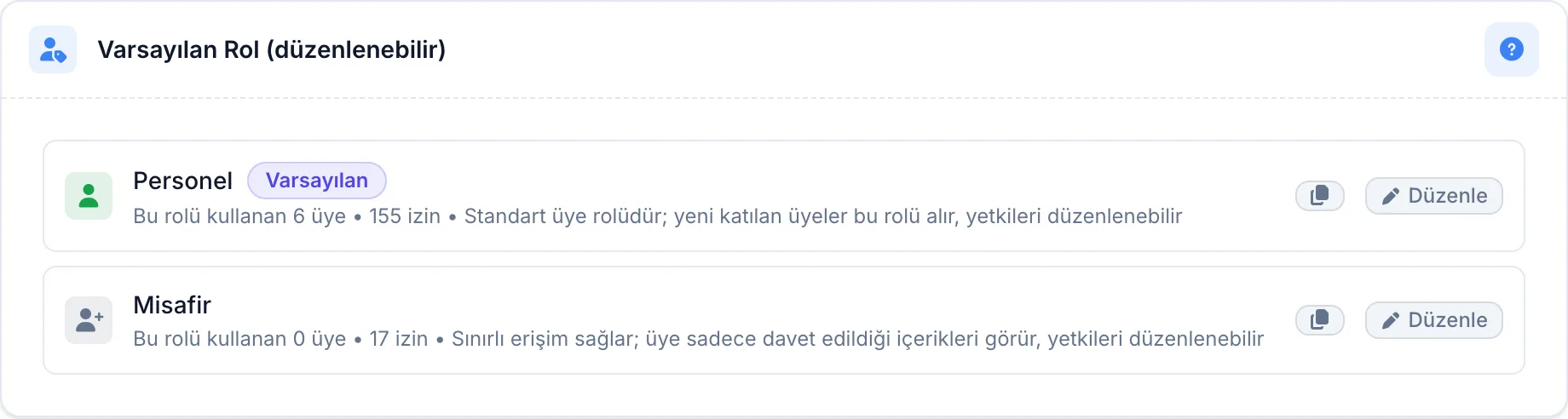 Varsayılan roller bölümü