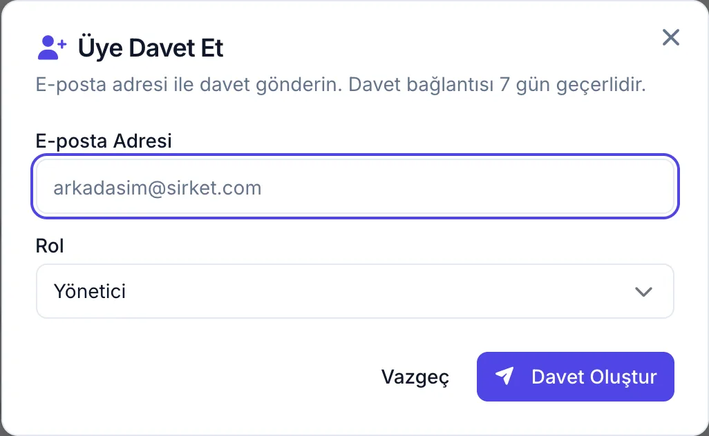 Üye davet etme penceresi